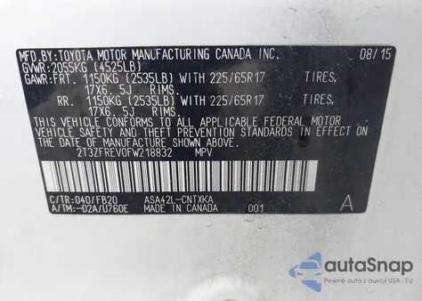 2015 Toyota Rav4 Le из США, поврежденный, VIN 2T3ZFREV0FW218832